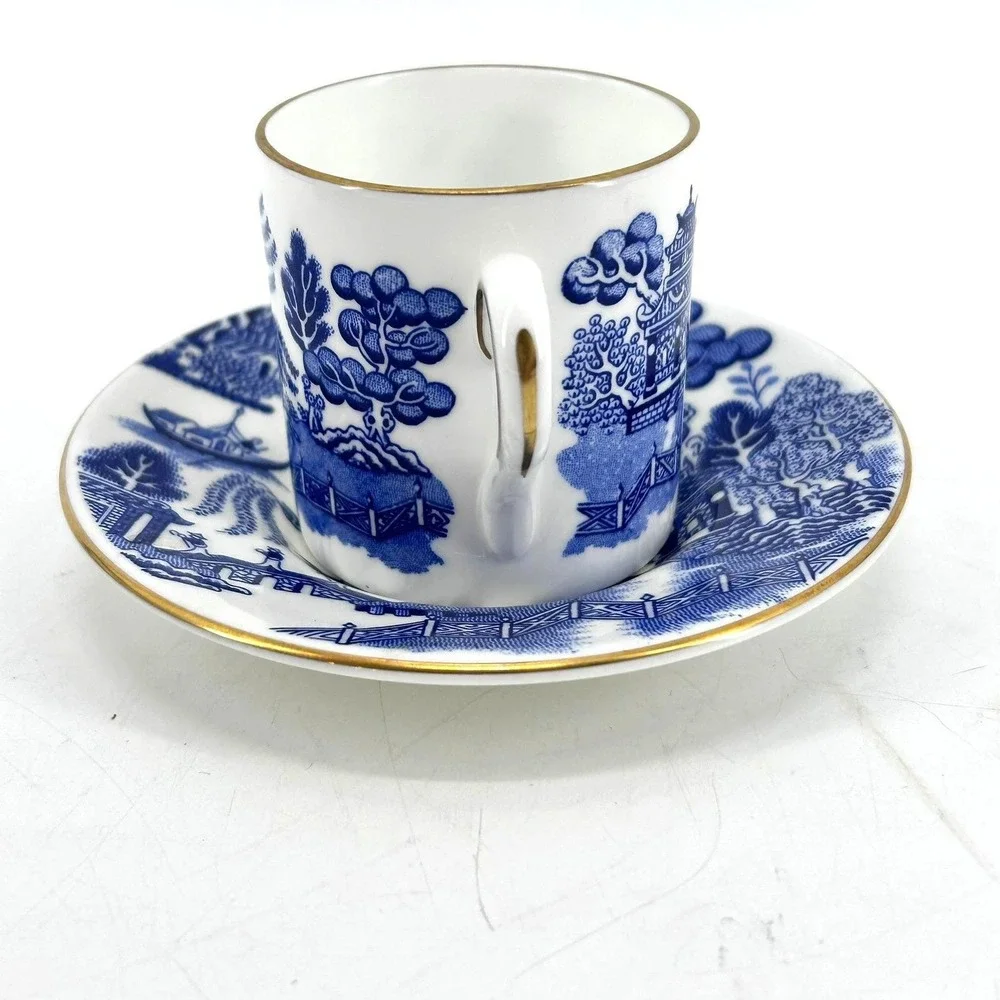 Coalport Blue Willow Demitasse Cup & Saucer Set Bone China Gold Trim - Damaged